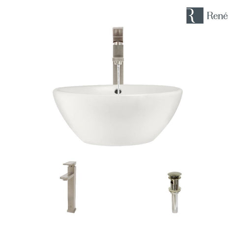 Rene 16" Round Porcelain Bathroom Sink, Biscuit, with Faucet, R2-5031-B-R9-7003-BN