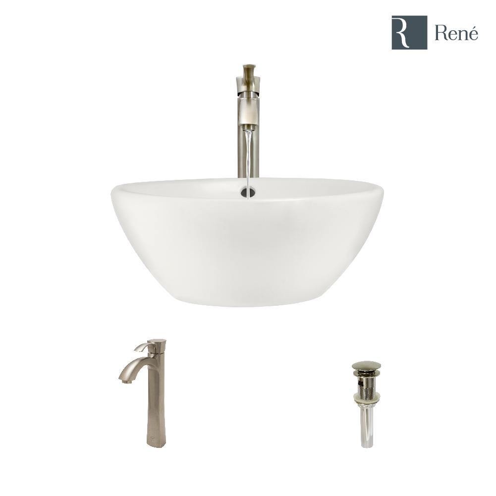 Rene 16" Round Porcelain Bathroom Sink, Biscuit, with Faucet, R2-5031-B-R9-7006-BN