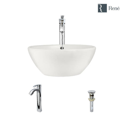 Rene 16" Round Porcelain Bathroom Sink, Biscuit, with Faucet, R2-5031-B-R9-7006-C