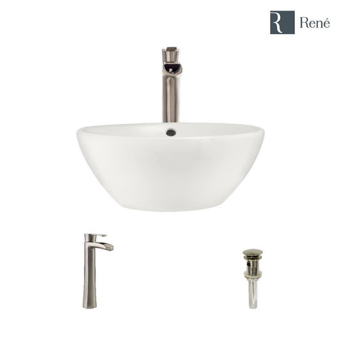 Rene 16" Round Porcelain Bathroom Sink, Biscuit, with Faucet, R2-5031-B-R9-7007-BN