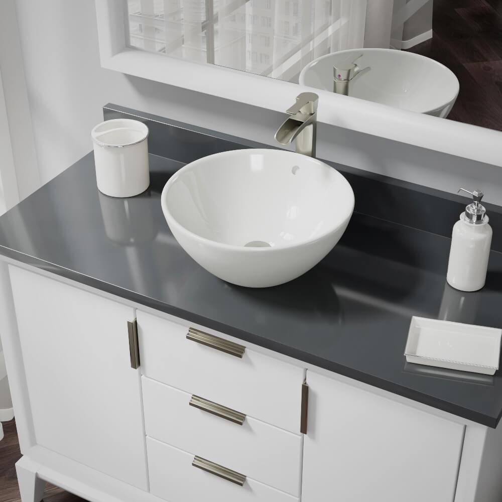 Rene 16" Round Porcelain Bathroom Sink, Biscuit, with Faucet, R2-5031-B-R9-7007-BN - The Sink Boutique