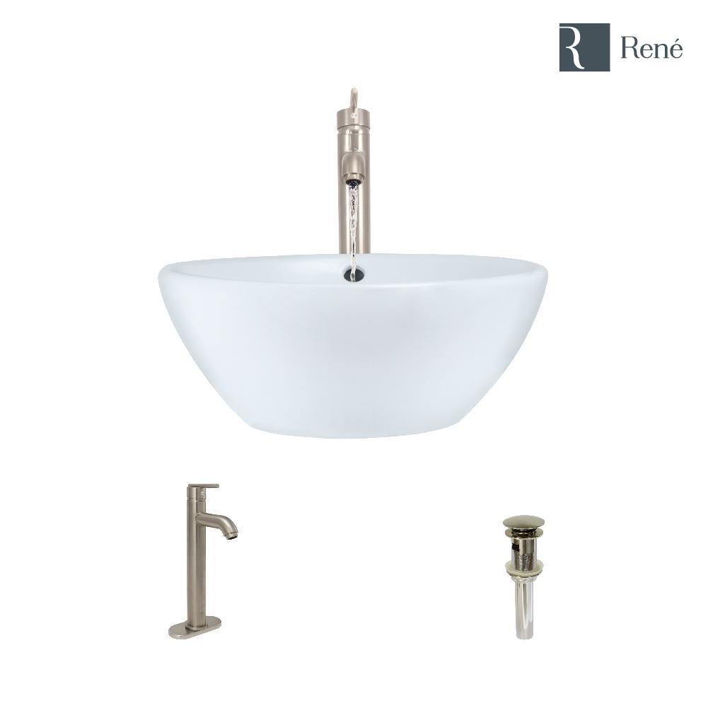 Rene 16" Round Porcelain Bathroom Sink, White, with Faucet, R2-5031-W-R9-7001-BN