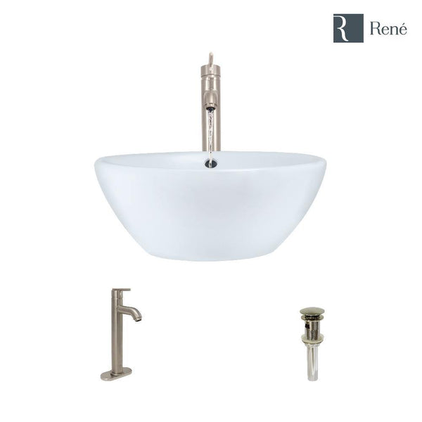 Rene 16" Round Porcelain Bathroom Sink, White, with Faucet, R2-5031-W-R9-7001-BN