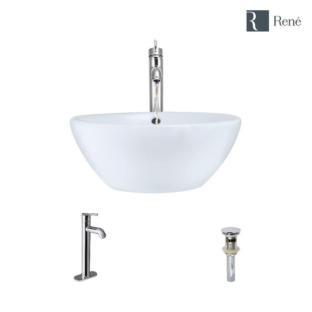 Rene 16" Round Porcelain Bathroom Sink, White, with Faucet, R2-5031-W-R9-7001-C