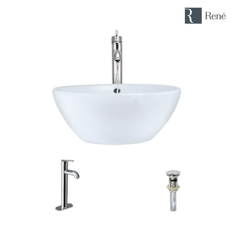 Rene 16" Round Porcelain Bathroom Sink, White, with Faucet, R2-5031-W-R9-7001-C