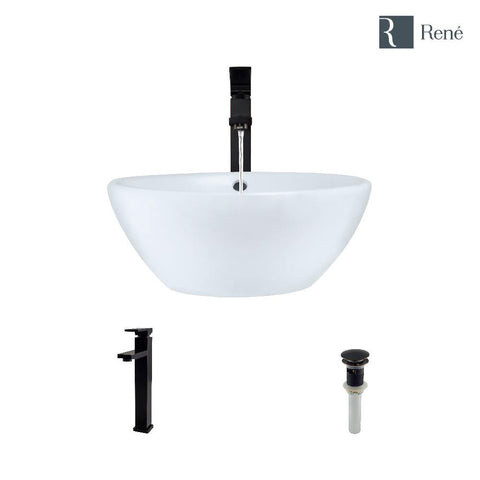 Rene 16" Round Porcelain Bathroom Sink, White, with Faucet, R2-5031-W-R9-7003-ABR