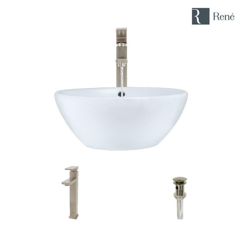 Rene 16" Round Porcelain Bathroom Sink, White, with Faucet, R2-5031-W-R9-7003-BN