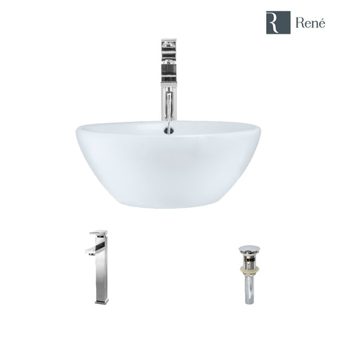 Rene 16" Round Porcelain Bathroom Sink, White, with Faucet, R2-5031-W-R9-7003-C