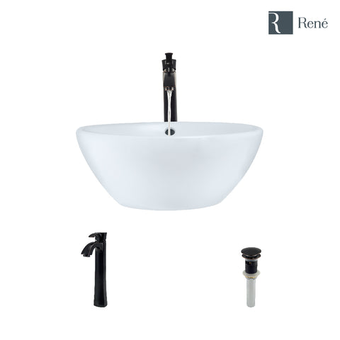 Rene 16" Round Porcelain Bathroom Sink, White, with Faucet, R2-5031-W-R9-7006-ABR