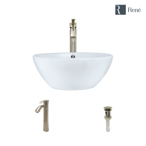 Rene 16" Round Porcelain Bathroom Sink, White, with Faucet, R2-5031-W-R9-7006-BN