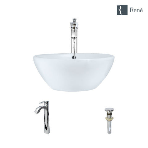 Rene 16" Round Porcelain Bathroom Sink, White, with Faucet, R2-5031-W-R9-7006-C