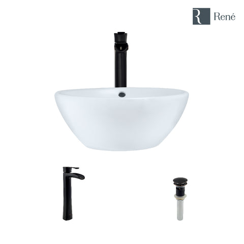 Rene 16" Round Porcelain Bathroom Sink, White, with Faucet, R2-5031-W-R9-7007-ABR