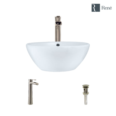 Rene 16" Round Porcelain Bathroom Sink, White, with Faucet, R2-5031-W-R9-7007-BN