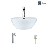Rene 16" Round Porcelain Bathroom Sink, White, with Faucet, R2-5031-W-R9-7007-C