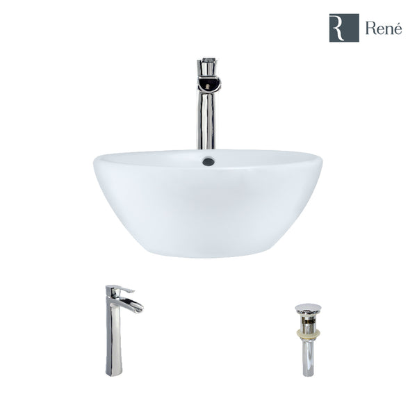 Rene 16" Round Porcelain Bathroom Sink, White, with Faucet, R2-5031-W-R9-7007-C