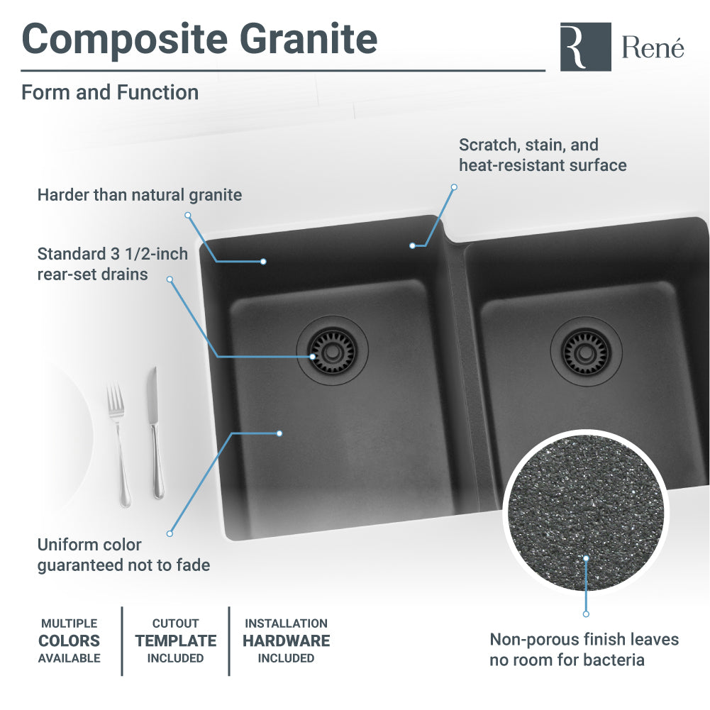 Rene 33" Composite Granite Kitchen Sink, 55/45 Double Bowl, Carbon, R3-1001-CAR-ST-CGS - The Sink Boutique