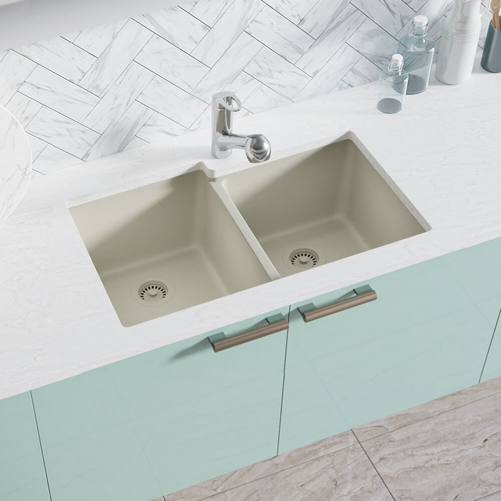Rene 33" Composite Granite Kitchen Sink, 55/45 Double Bowl, Concrete, R3-1001-CON-ST-CGS - The Sink Boutique