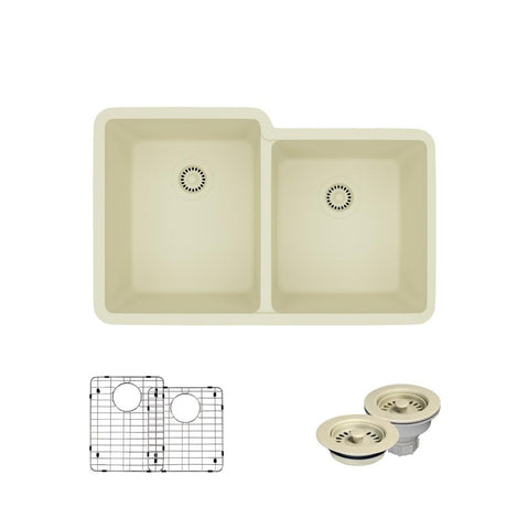 Rene 33" Composite Granite Kitchen Sink, 55/45 Double Bowl, Ecru, R3-1001-ECR-ST-CGF