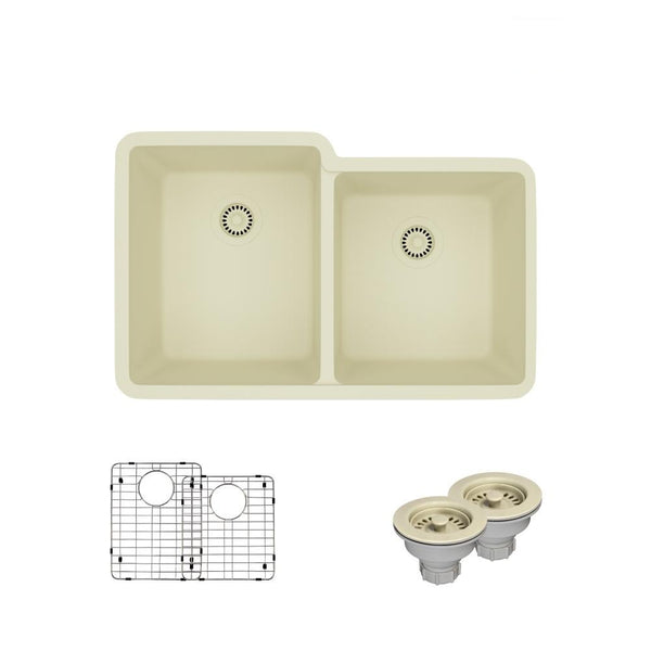 Rene 33" Composite Granite Kitchen Sink, 55/45 Double Bowl, Ecru, R3-1001-ECR-ST-CGS