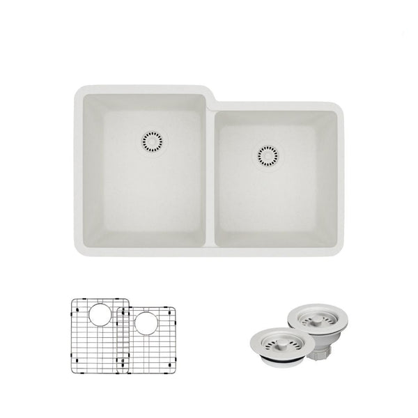 Rene 33" Composite Granite Kitchen Sink, 55/45 Double Bowl, Ivory, R3-1001-IVR-ST-CGF
