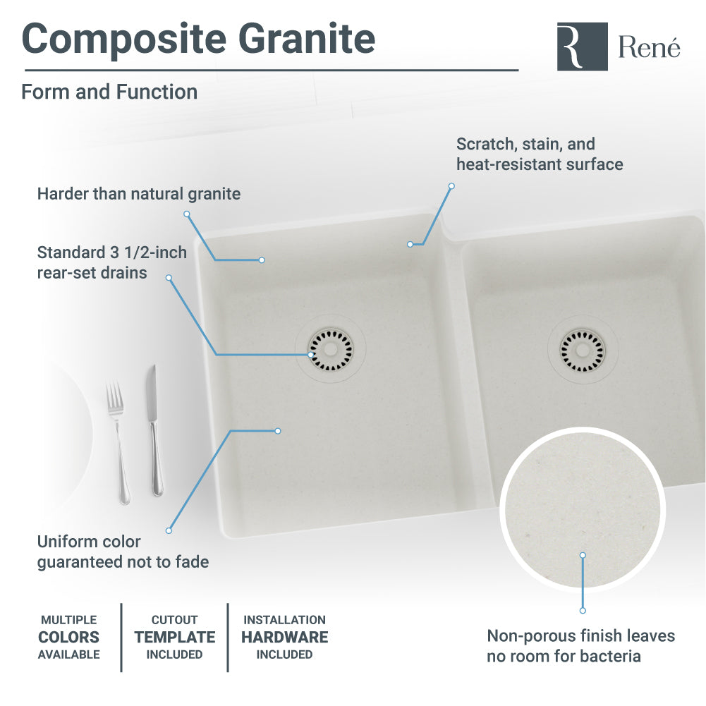 Rene 33" Composite Granite Kitchen Sink, 55/45 Double Bowl, Ivory, R3-1001-IVR-ST-CGF - The Sink Boutique
