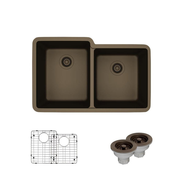 Rene 33" Composite Granite Kitchen Sink, 55/45 Double Bowl, Umber, R3-1001-UMB-ST-CGS