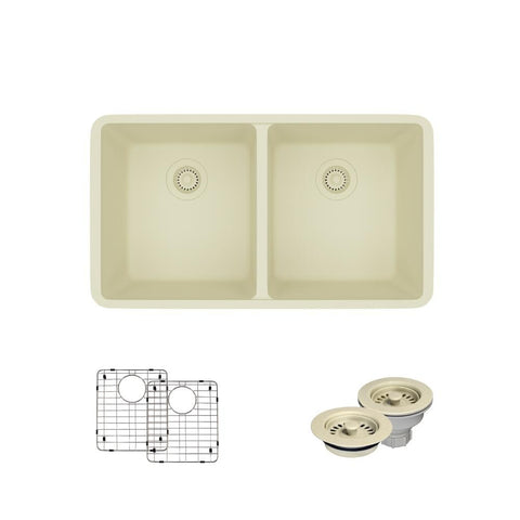 Rene 33" Composite Granite Kitchen Sink, 50/50 Double Bowl, Ecru, R3-1002-ECR-ST-CGF