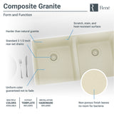 Rene 33" Composite Granite Kitchen Sink, 50/50 Double Bowl, Ecru, R3-1002-ECR-ST-CGF - The Sink Boutique