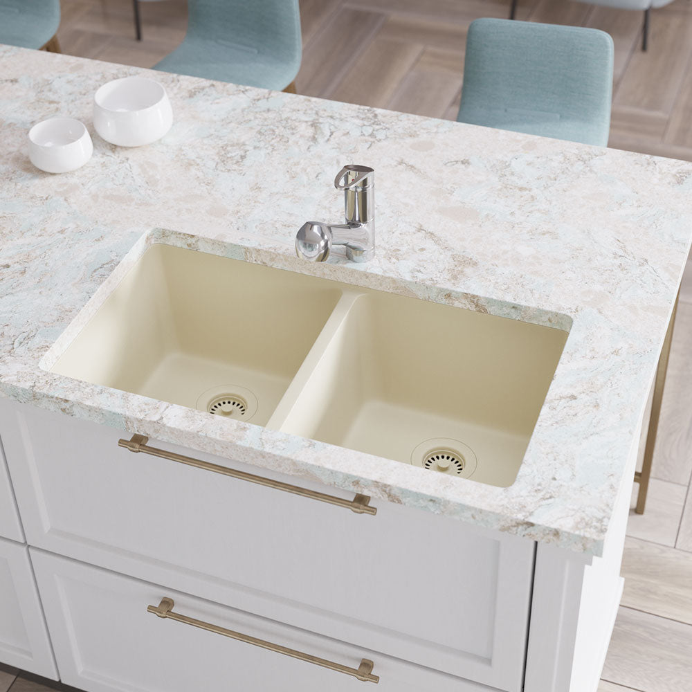 Rene 33" Composite Granite Kitchen Sink, 50/50 Double Bowl, Ecru, R3-1002-ECR-ST-CGF - The Sink Boutique