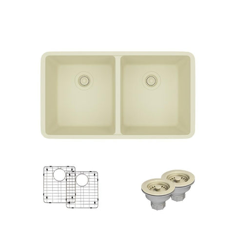 Rene 33" Composite Granite Kitchen Sink, 50/50 Double Bowl, Ecru, R3-1002-ECR-ST-CGS