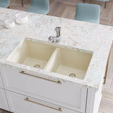 Rene 33" Composite Granite Kitchen Sink, 50/50 Double Bowl, Ecru, R3-1002-ECR-ST-CGS - The Sink Boutique