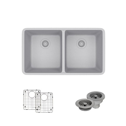 Rene 33" Composite Granite Kitchen Sink, 50/50 Double Bowl, Pewter, R3-1002-PWT-ST-CGF