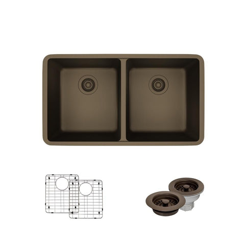 Rene 33" Composite Granite Kitchen Sink, 50/50 Double Bowl, Umber, R3-1002-UMB-ST-CGF