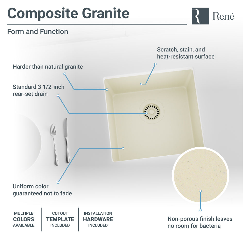 Rene 18" Composite Granite Kitchen Sink, Ecru, R3-1003-ECR-ST-CGF - The Sink Boutique