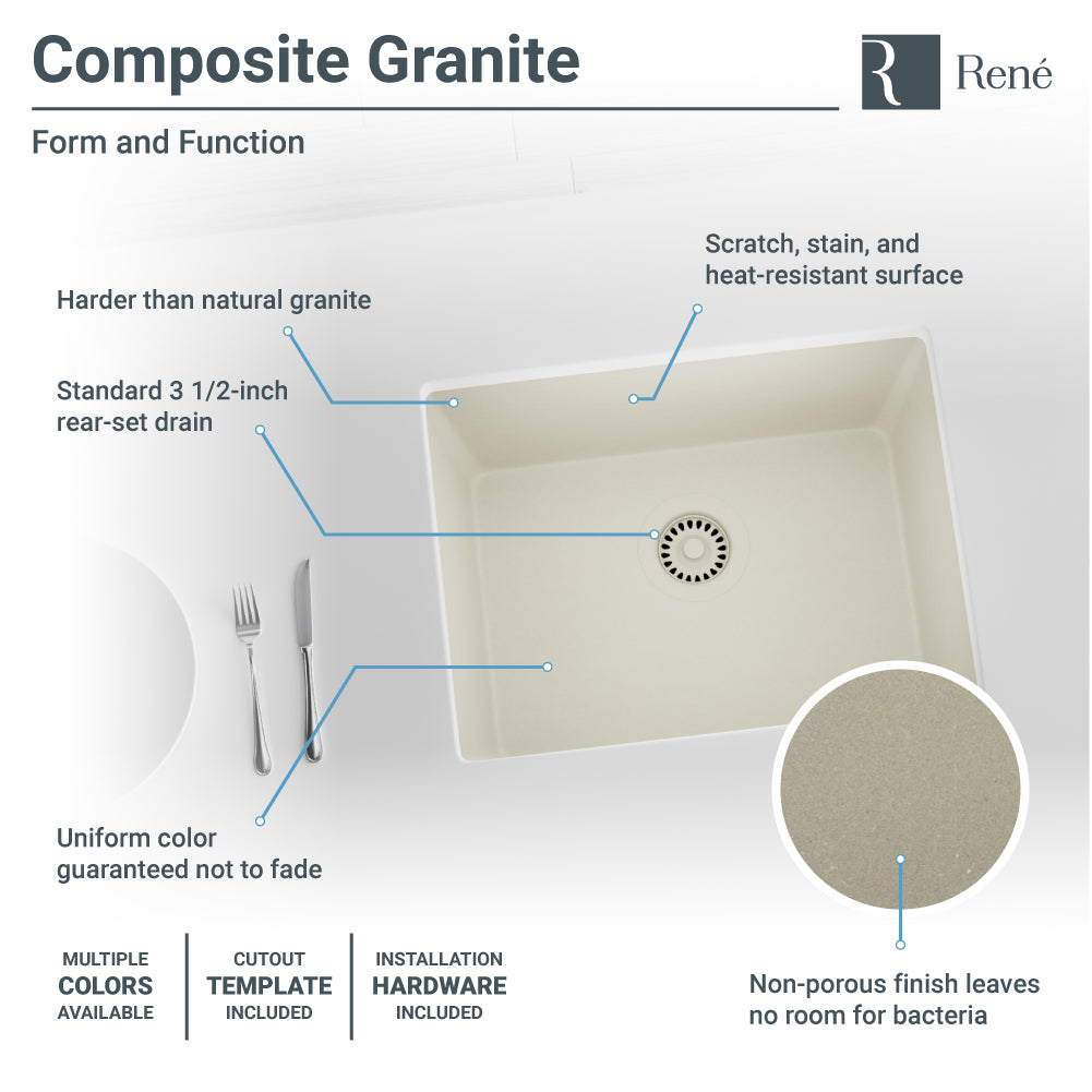 Rene 22" Composite Granite Kitchen Sink, Concrete, R3-1004-CON-ST-CGF - The Sink Boutique