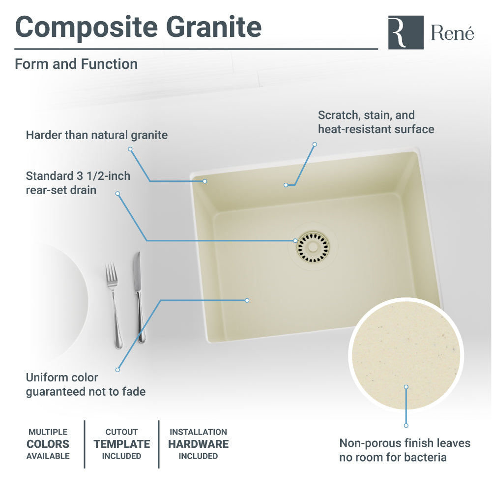 Rene 22" Composite Granite Kitchen Sink, Ecru, R3-1004-ECR-ST-CGF - The Sink Boutique
