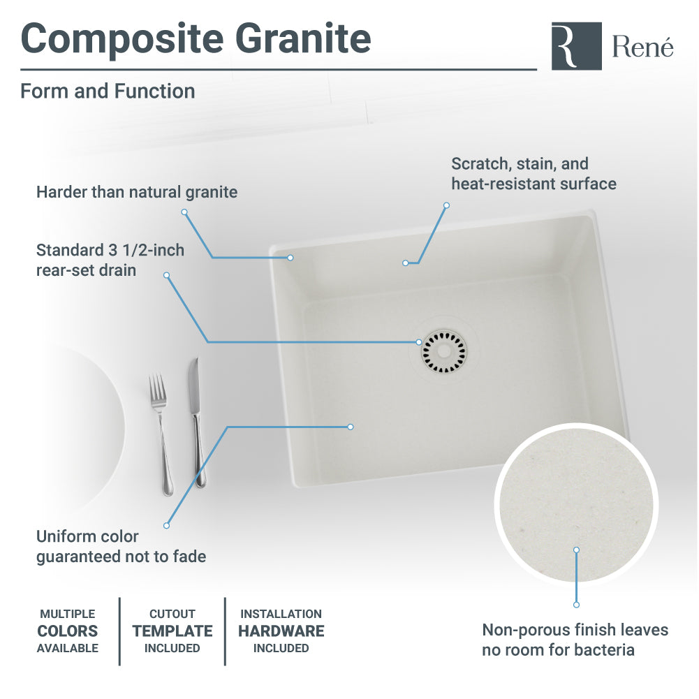 Rene 22" Composite Granite Kitchen Sink, Ivory, R3-1004-IVR-ST-CGF - The Sink Boutique