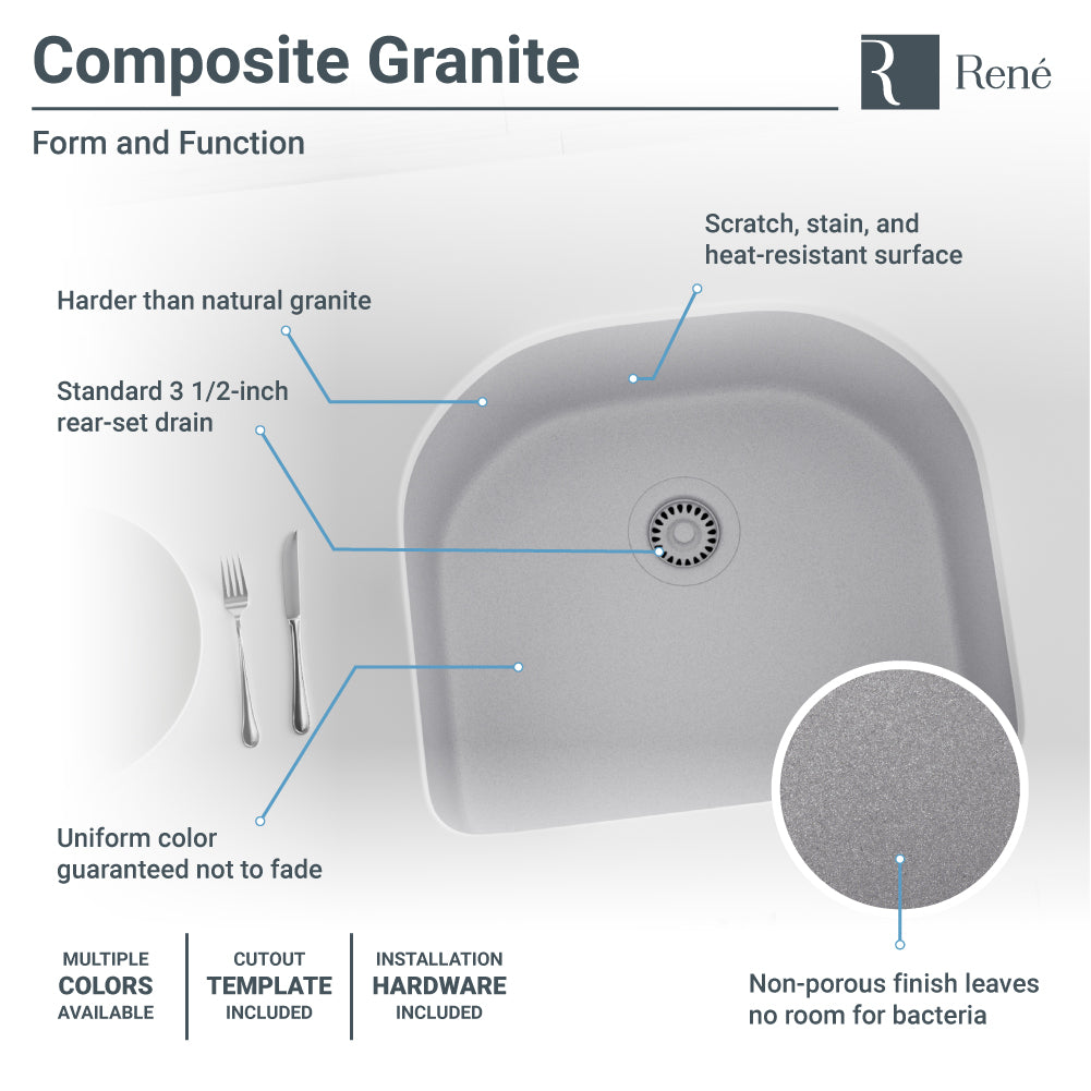 Rene 25" Composite Granite Kitchen Sink, Pewter, R3-1005-PWT-ST-CGF - The Sink Boutique
