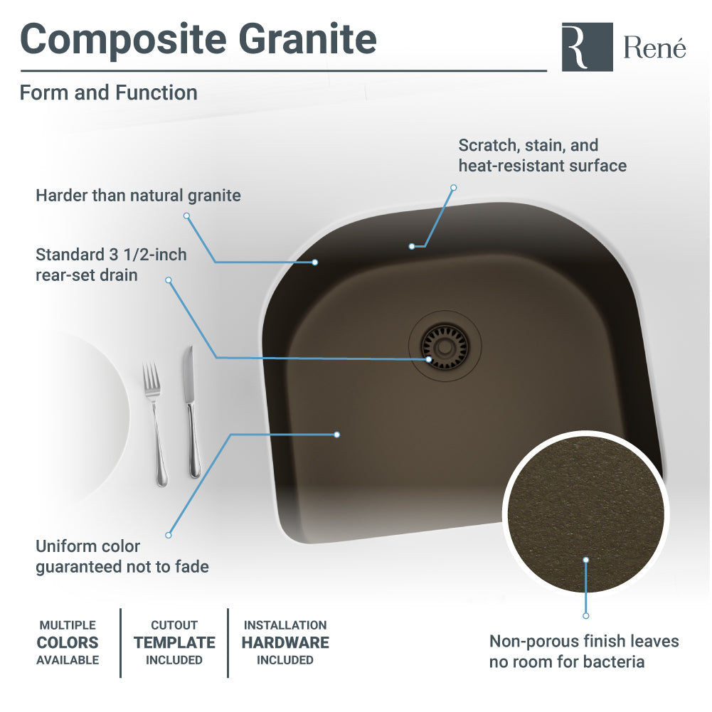 Rene 25" Composite Granite Kitchen Sink, Umber, R3-1005-UMB-ST-CGF - The Sink Boutique