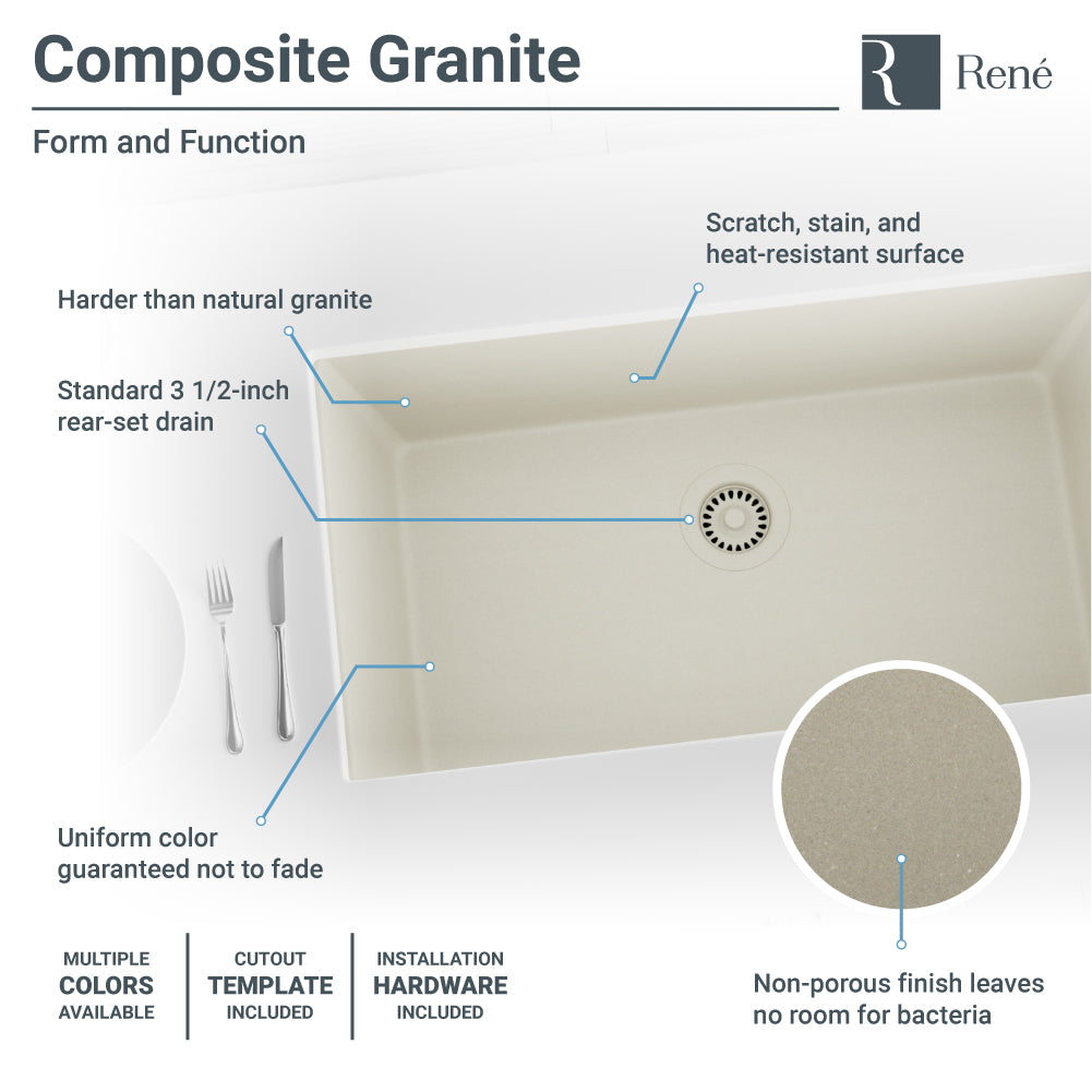 Rene 33" Composite Granite Kitchen Sink, Concrete, R3-1006-CON-ST-CGF - The Sink Boutique