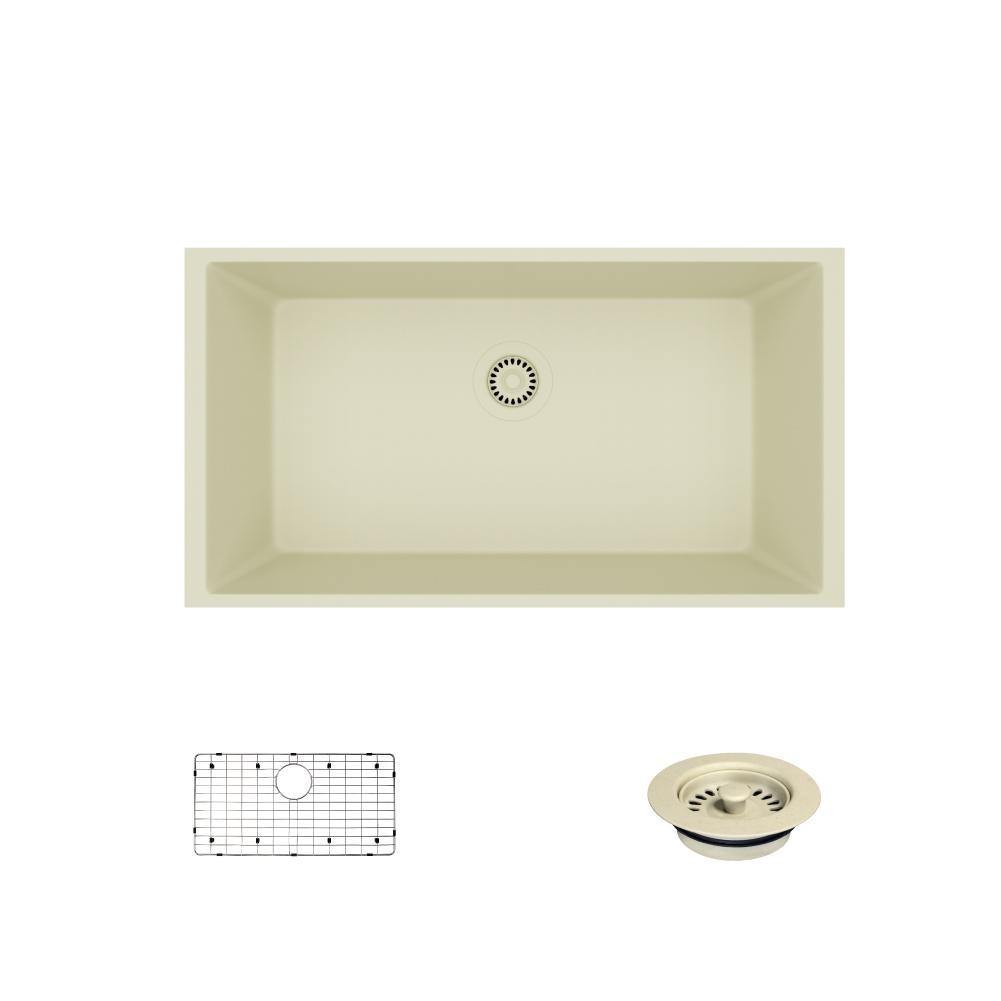 Rene 33" Composite Granite Kitchen Sink, Ecru, R3-1006-ECR-ST-CGF
