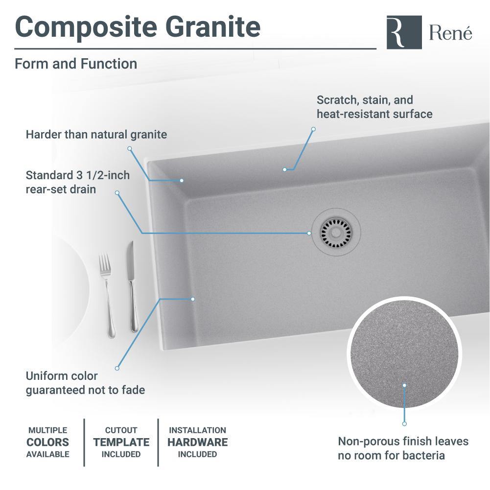 Rene 33" Composite Granite Kitchen Sink, Pewter, R3-1006-PWT-ST-CGF - The Sink Boutique
