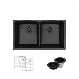Alternate Image for Rene 33" Composite Granite Kitchen Sink, 50/50 Double Bowl, Carbon, R3-1007-CAR-ST-CGF