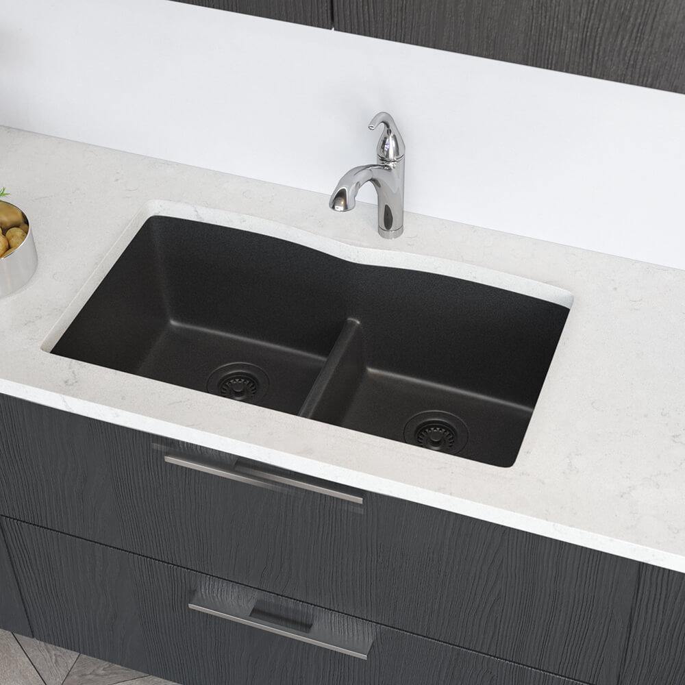 Rene 33" Composite Granite Kitchen Sink, 50/50 Double Bowl, Carbon, R3-1007-CAR-ST-CGF - The Sink Boutique