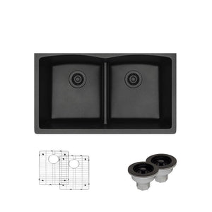 Alternate Image for Rene 33" Composite Granite Kitchen Sink, 50/50 Double Bowl, Carbon, R3-1007-CAR-ST-CGS