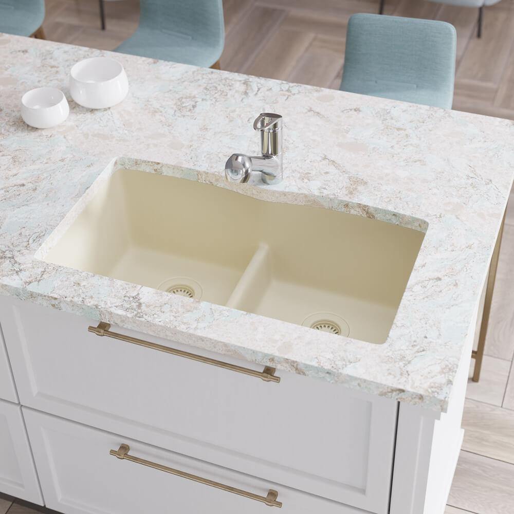 Rene 33" Composite Granite Kitchen Sink, 50/50 Double Bowl, Ecru, R3-1007-ECR-ST-CGS - The Sink Boutique