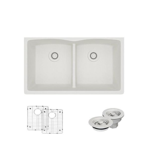 Rene 33" Composite Granite Kitchen Sink, 50/50 Double Bowl, Ivory, R3-1007-IVR-ST-CGF