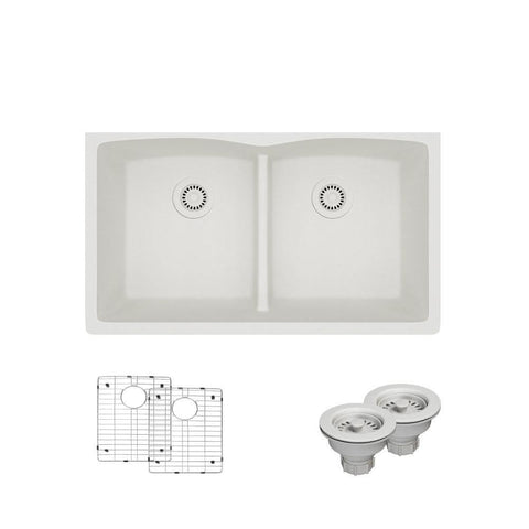 Rene 33" Composite Granite Kitchen Sink, 50/50 Double Bowl, Ivory, R3-1007-IVR-ST-CGS