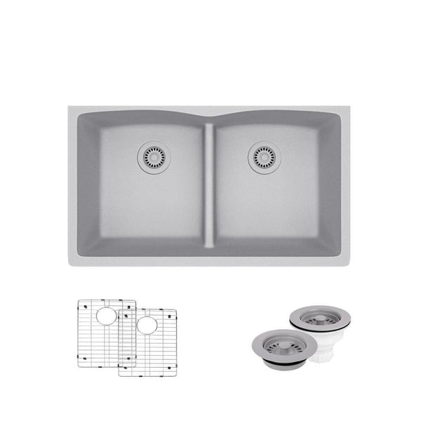 Rene 33" Composite Granite Kitchen Sink, 50/50 Double Bowl, Pewter, R3-1007-PWT-ST-CGF