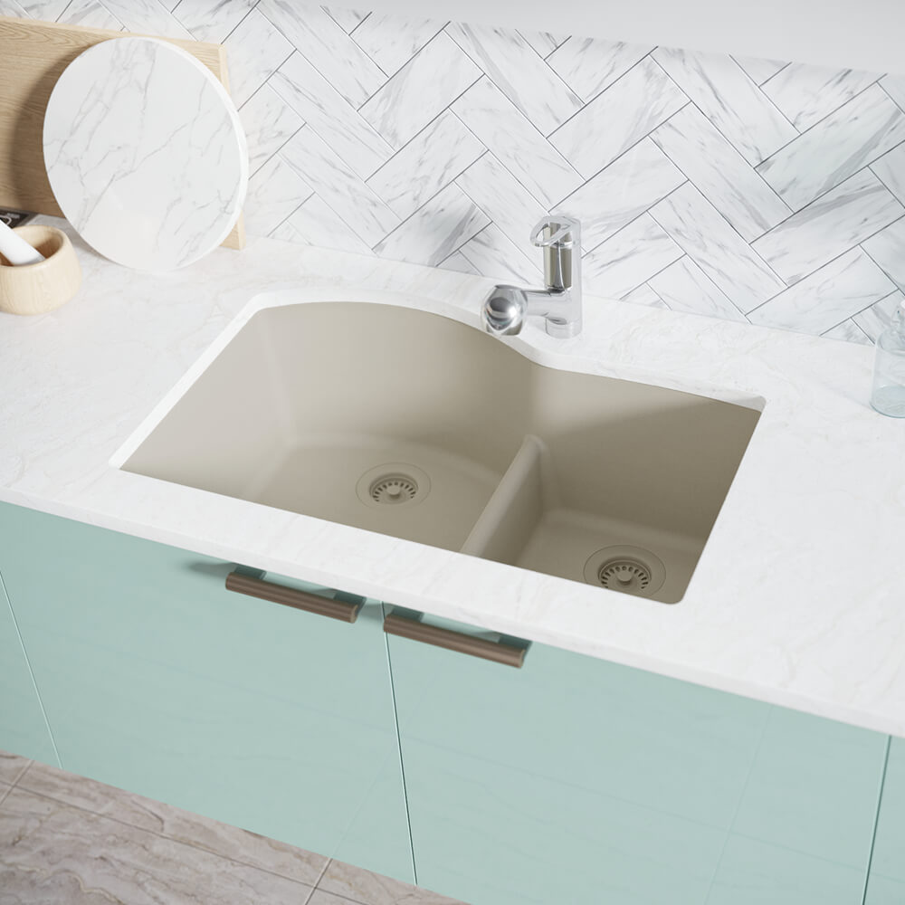 Rene 33" Composite Granite Kitchen Sink, 60/40 Double Bowl, Concrete, R3-1008-CON-ST-CGS - The Sink Boutique